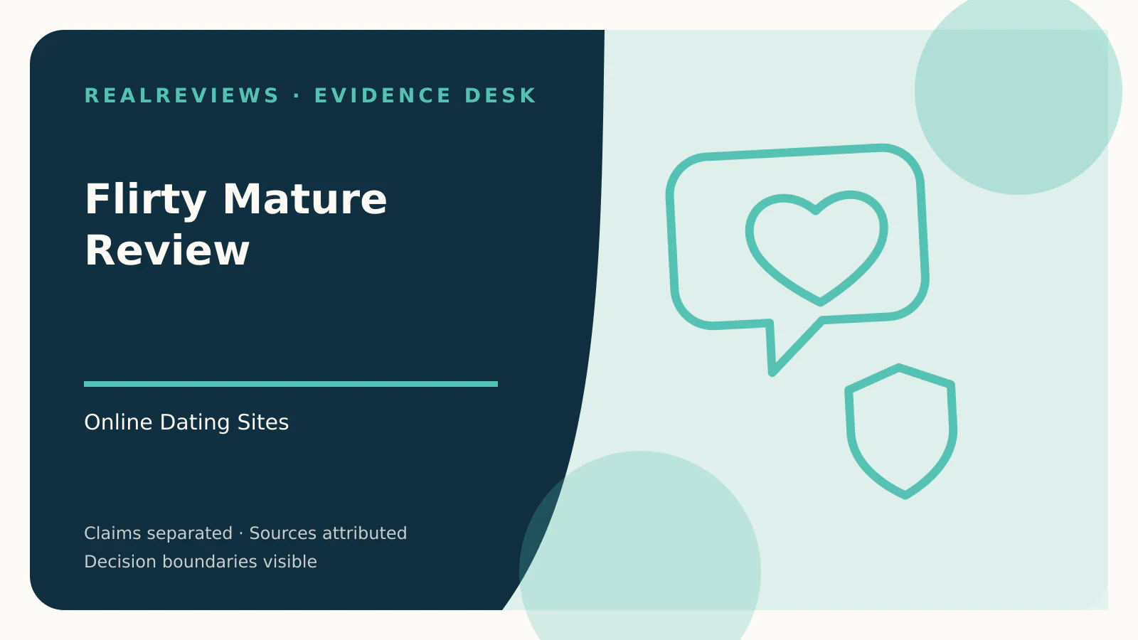 Abstract RealReviews editorial cover for Flirty Mature Review, showing conversation cards, an identity shield, and privacy checkpoints for a fact-checked buyer decision.