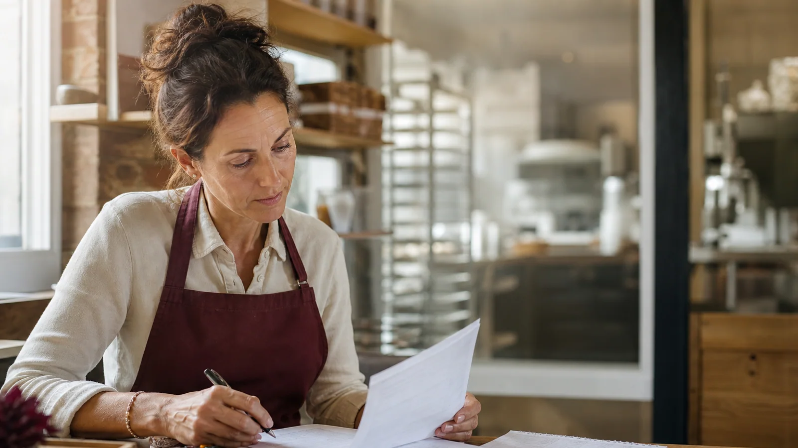 Bakery owner reviewing a revenue-based financing agreement and sales ledger