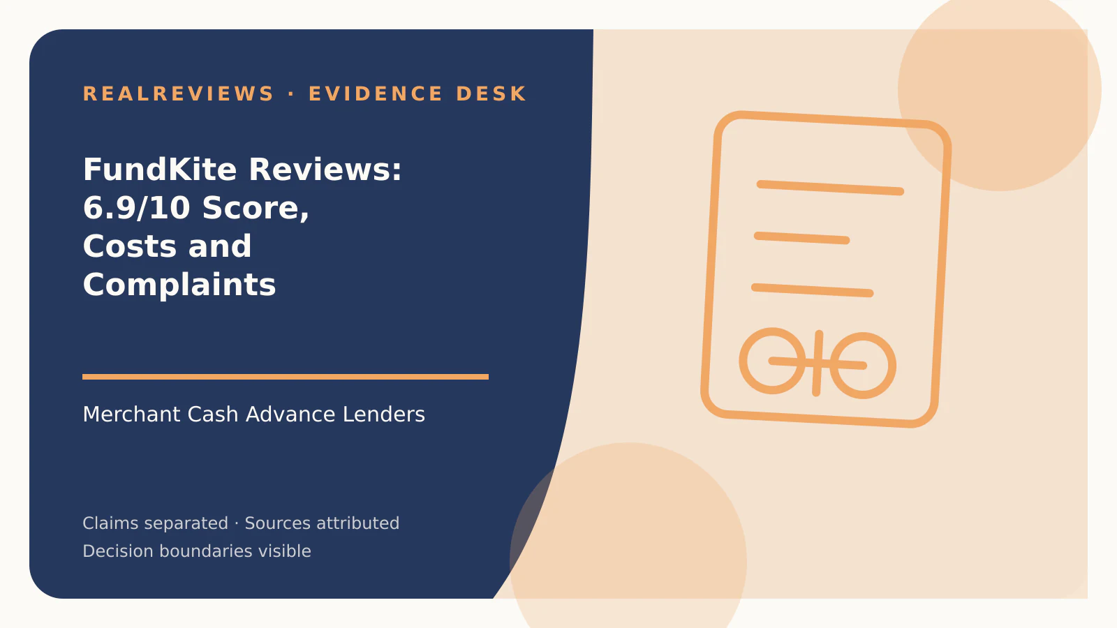 Abstract RealReviews editorial cover for FundKite Reviews: 6.9/10 Score, Costs and Complaints, showing a decision ledger, funding path, and evidence checkpoints for a fact-checked buyer decision.