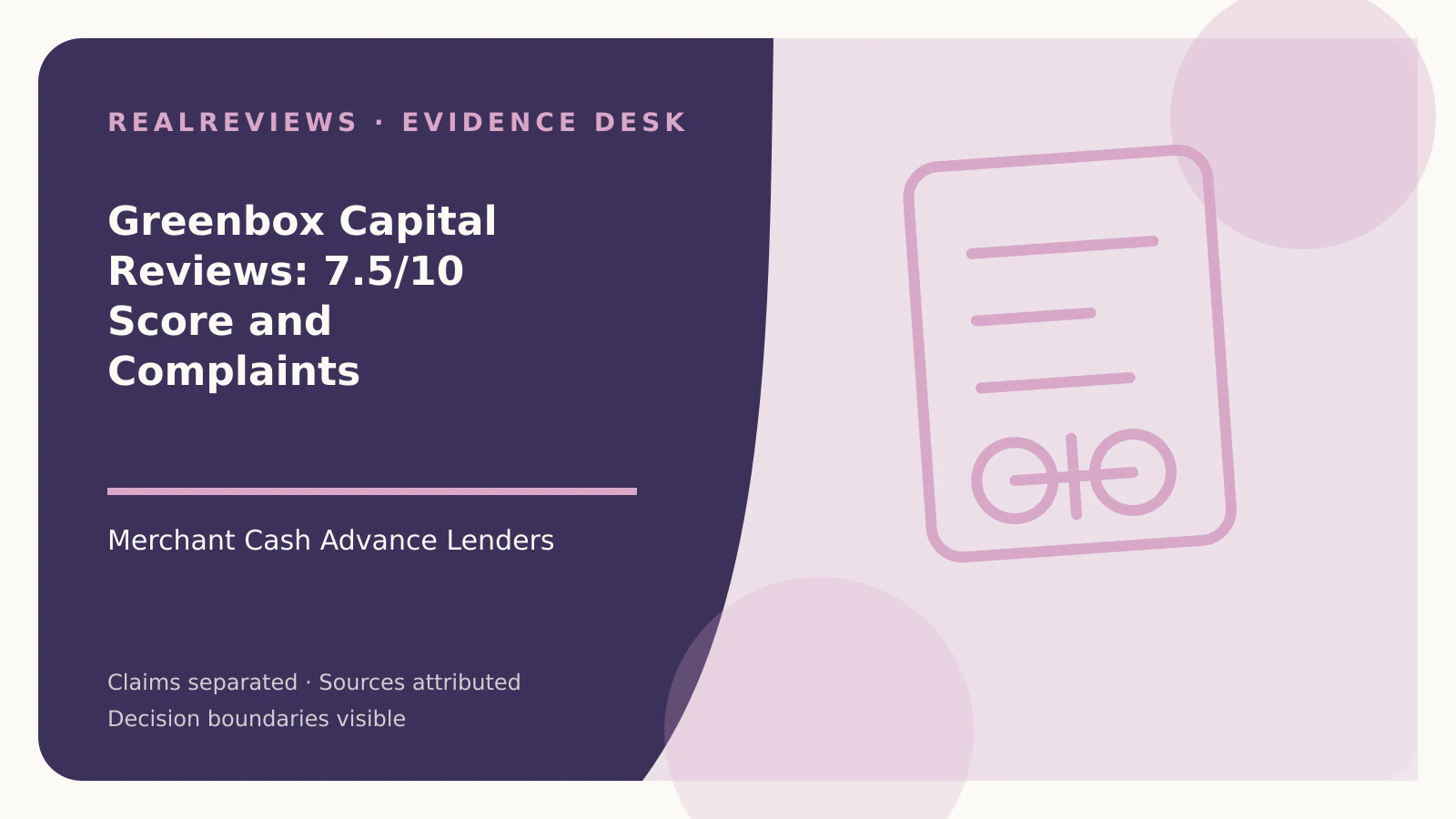 Abstract RealReviews editorial cover for Greenbox Capital Reviews: 7.5/10 Score and Complaints, showing a decision ledger, funding path, and evidence checkpoints for a fact-checked buyer decision.
