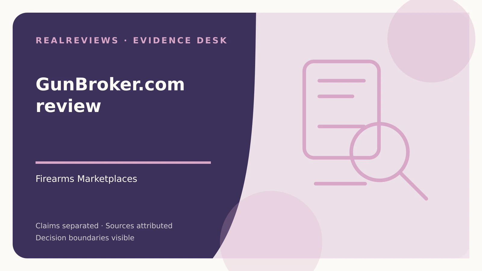 Abstract RealReviews editorial cover for GunBroker.com review, showing a product frame, magnifier, and buyer checklist for a fact-checked buyer decision.