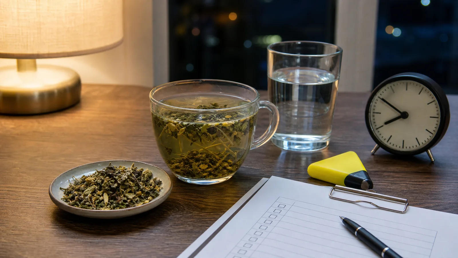 Unbranded evening herbal tea with water, a clock, a blank interaction checklist and caution marker
