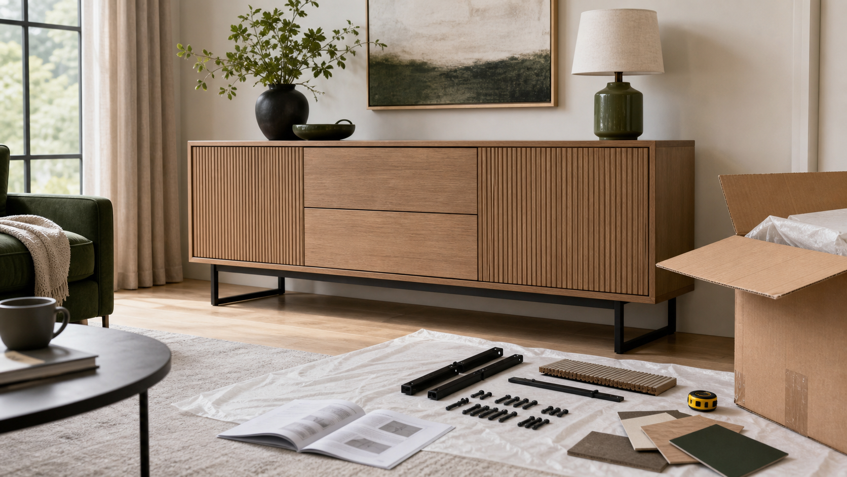 Furniture, packaging, hardware, instructions, tape measure, and material samples ready for inspection
