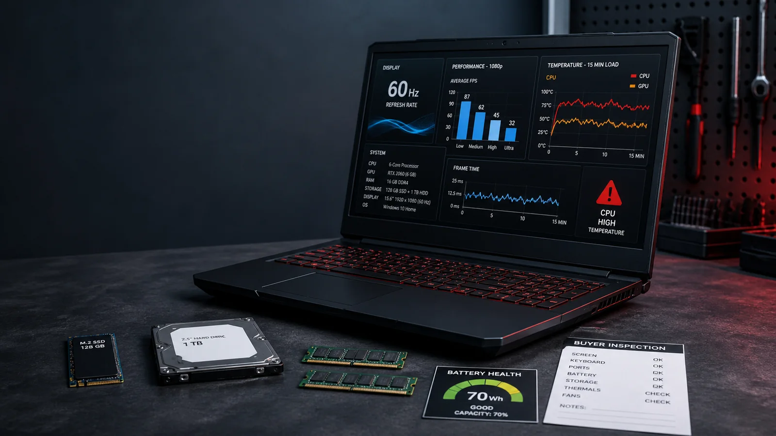 Unbranded angular gaming laptop showing a 60 Hz display and heat chart beside memory, two drives, battery gauge and inspection card