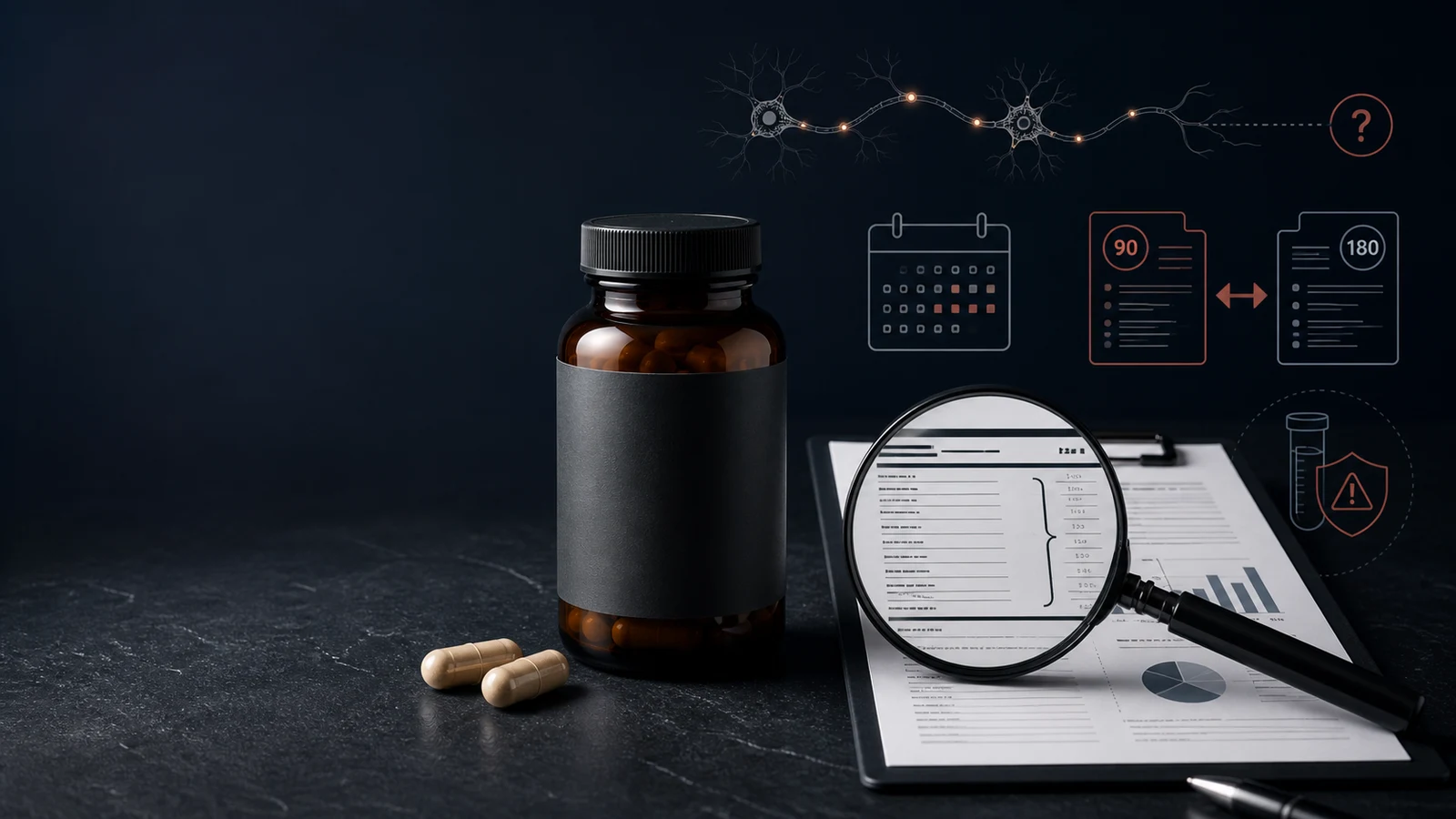 Unbranded supplement bottle beside capsules, a magnified facts sheet, a broken evidence pathway, conflicting policy cards, and a testing warning