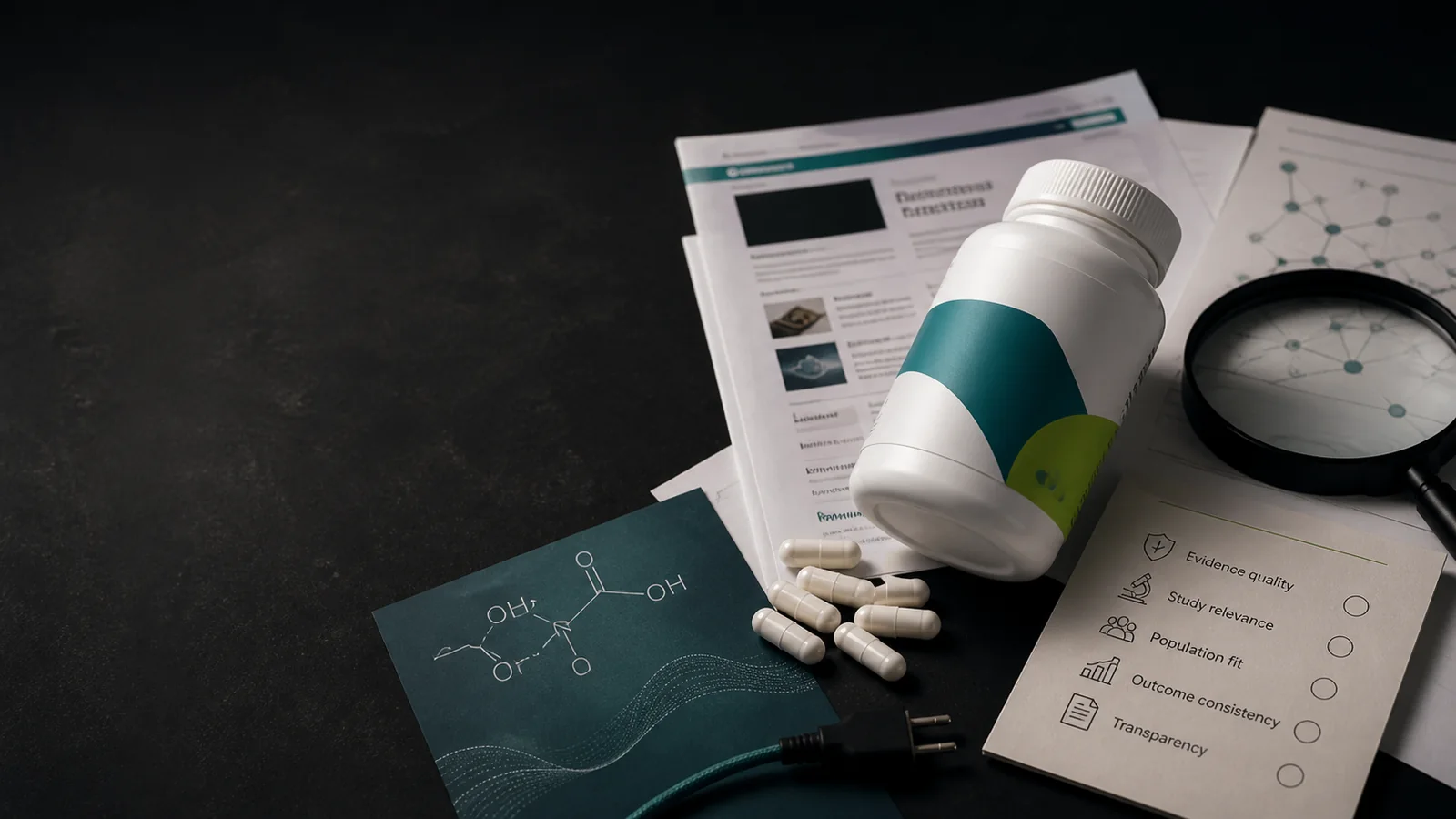 Unbranded supplement bottle, capsules, archival pages, evidence checklist, molecular diagram, magnifying glass, and unplugged cable