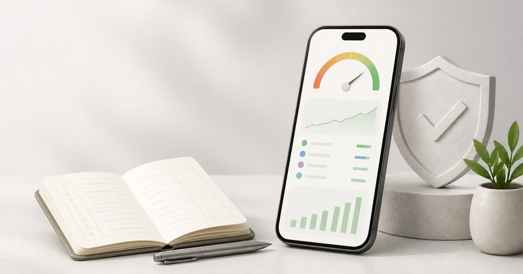 Editorial illustration of a credit dashboard, ledger, and security shield