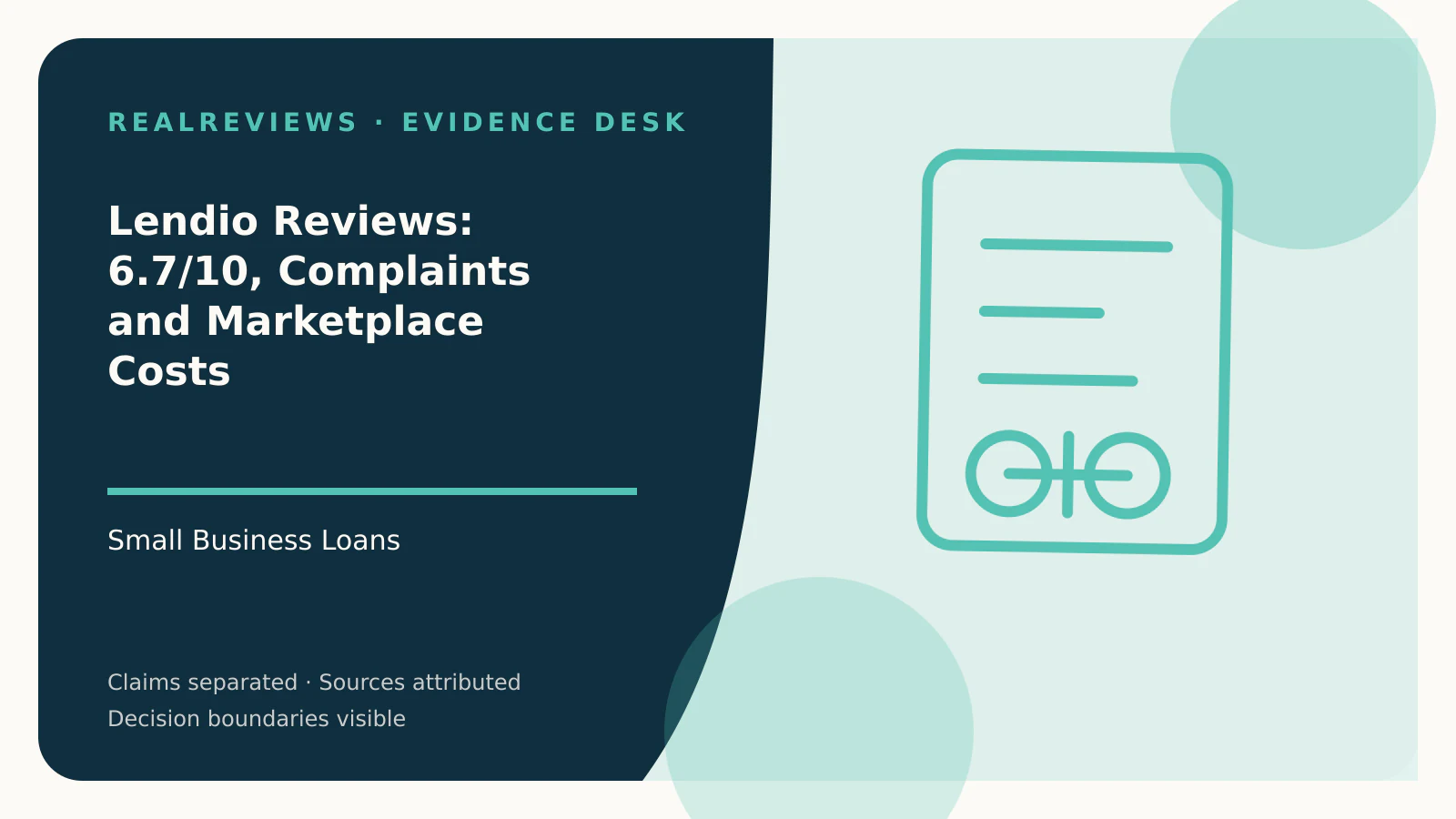 Abstract RealReviews editorial cover for Lendio Reviews: 6.7/10, Complaints and Marketplace Costs, showing a decision ledger, funding path, and evidence checkpoints for a fact-checked buyer decision.