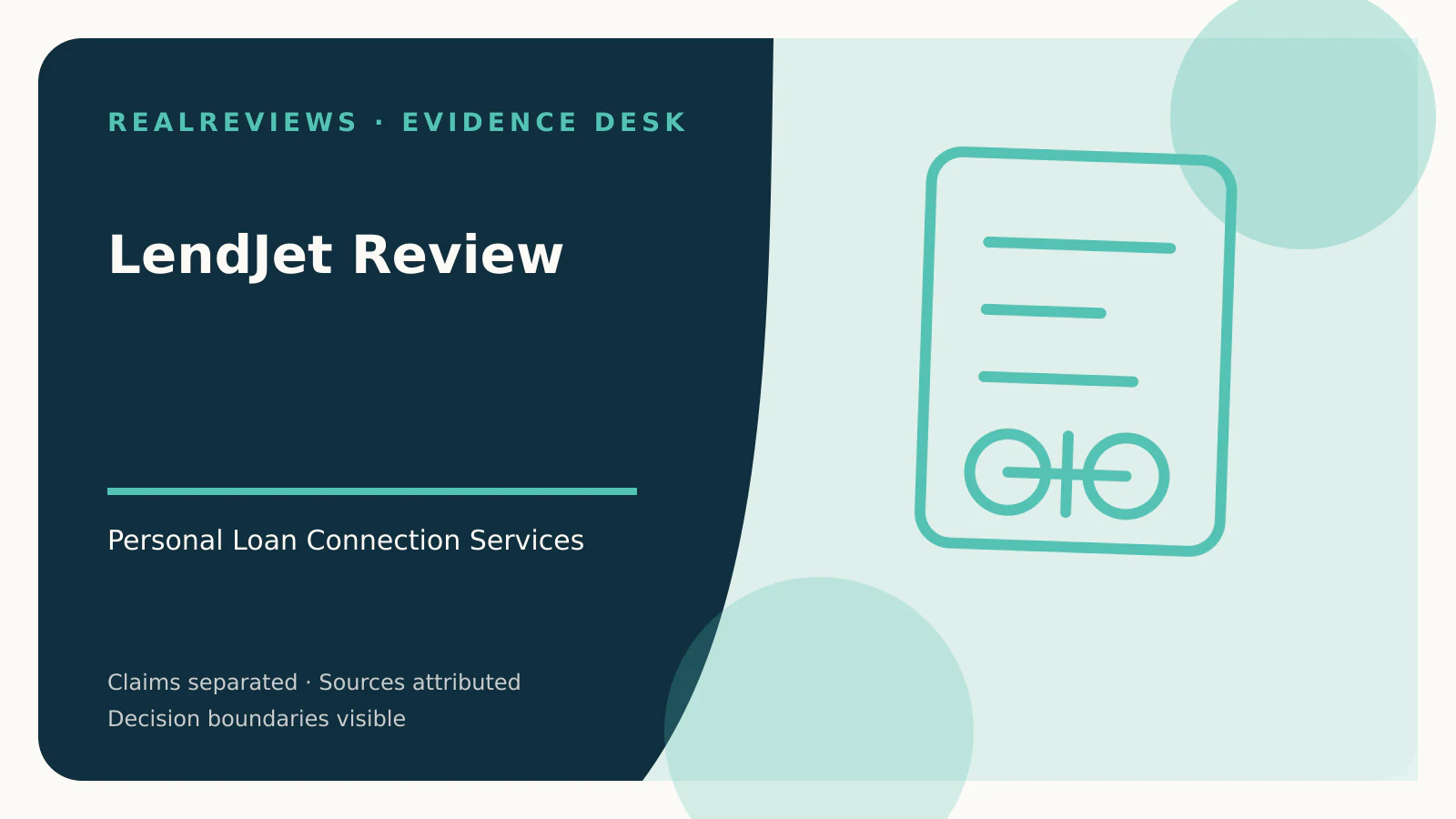 Abstract RealReviews editorial cover for LendJet Review, showing a decision ledger, funding path, and evidence checkpoints for a fact-checked buyer decision.