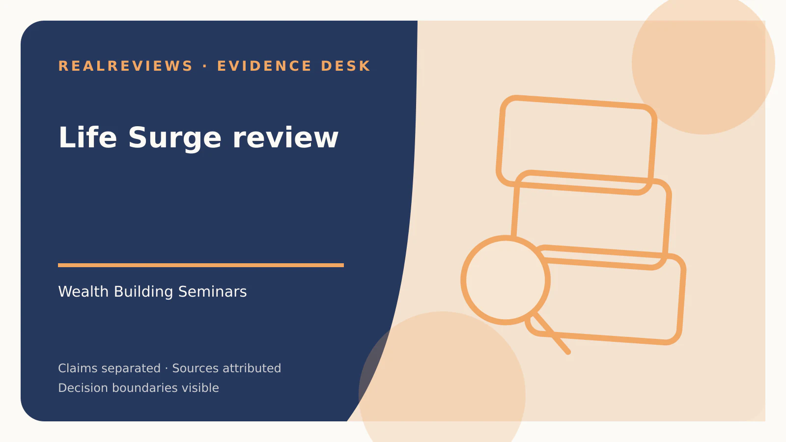 Abstract RealReviews editorial cover for Life Surge review, showing layered evidence cards, a magnifier, and a decision marker for a fact-checked buyer decision.