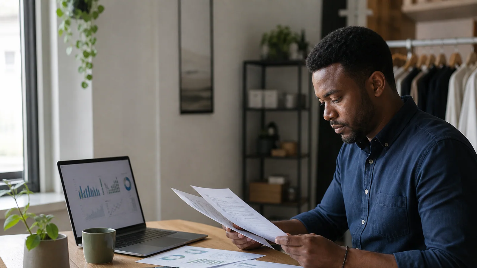 Small-business owner comparing financing offers, payment schedules and cash-flow projections