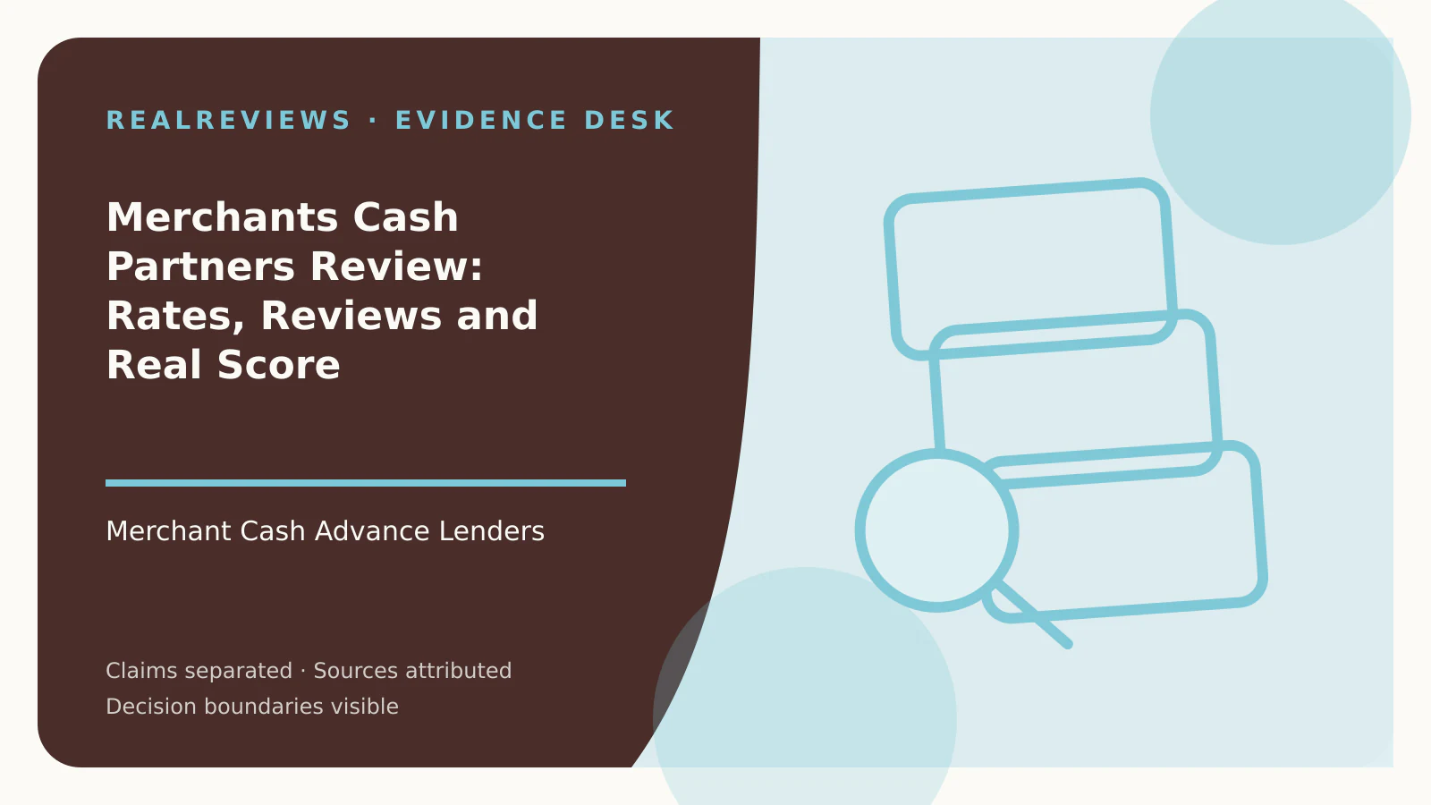 Abstract RealReviews editorial cover for Merchants Cash Partners Review: Rates, Reviews and Real Score, showing layered evidence cards, a magnifier, and a decision marker for a fact-checked buyer decision.