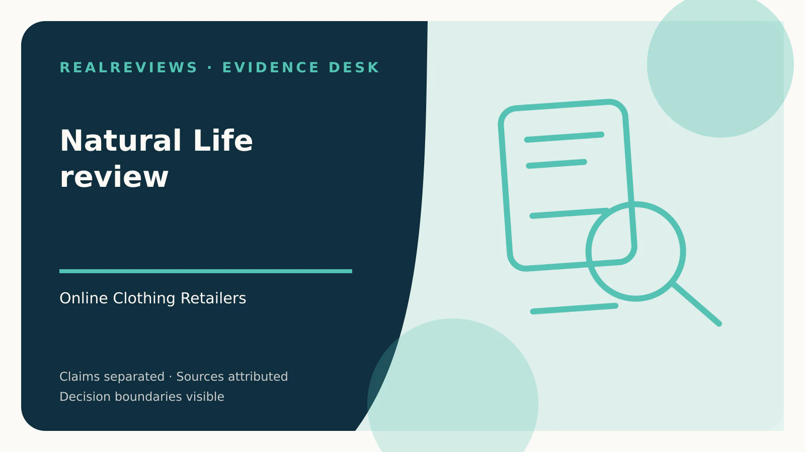 Abstract RealReviews editorial cover for Natural Life review, showing a product frame, magnifier, and buyer checklist for a fact-checked buyer decision.