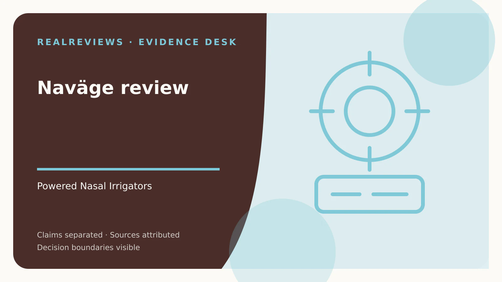 Abstract RealReviews editorial cover for Naväge review, showing a care object, safety boundary, and evidence cards for a fact-checked buyer decision.