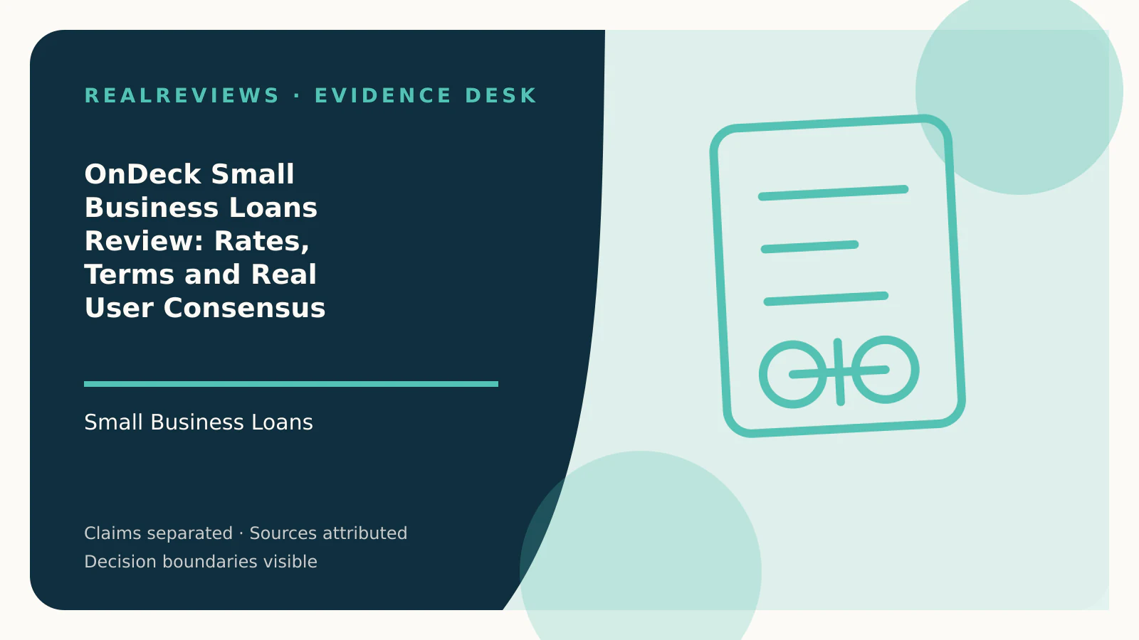 Abstract RealReviews editorial cover for OnDeck Small Business Loans Review: Rates, Terms and Real User Consensus, showing a decision ledger, funding path, and evidence checkpoints for a fact-checked buyer decision.