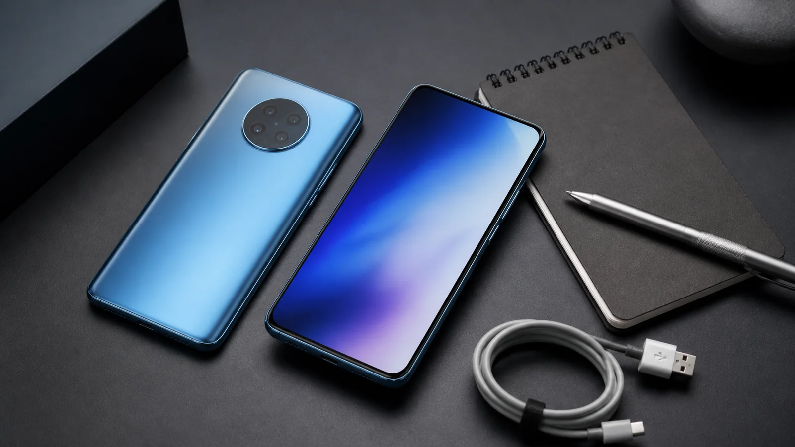 Unbranded blue 2019-era smartphone with a circular triple-camera module, charger and testing notebook