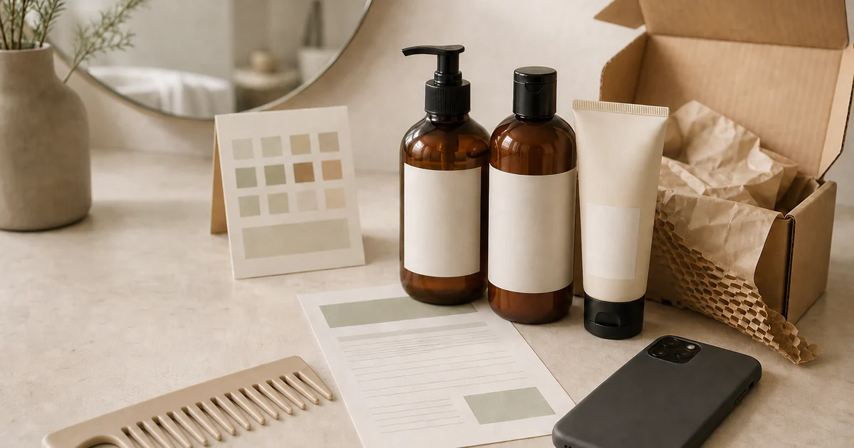 Unbranded haircare bottles, a shipping box, ingredient notes, a calendar card, a comb, and a face-down phone on a bathroom counter