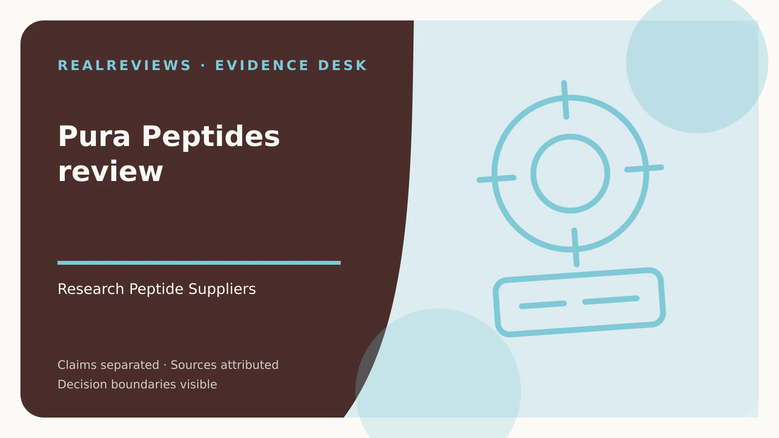 Abstract RealReviews editorial cover for Pura Peptides review, showing a care object, safety boundary, and evidence cards for a fact-checked buyer decision.