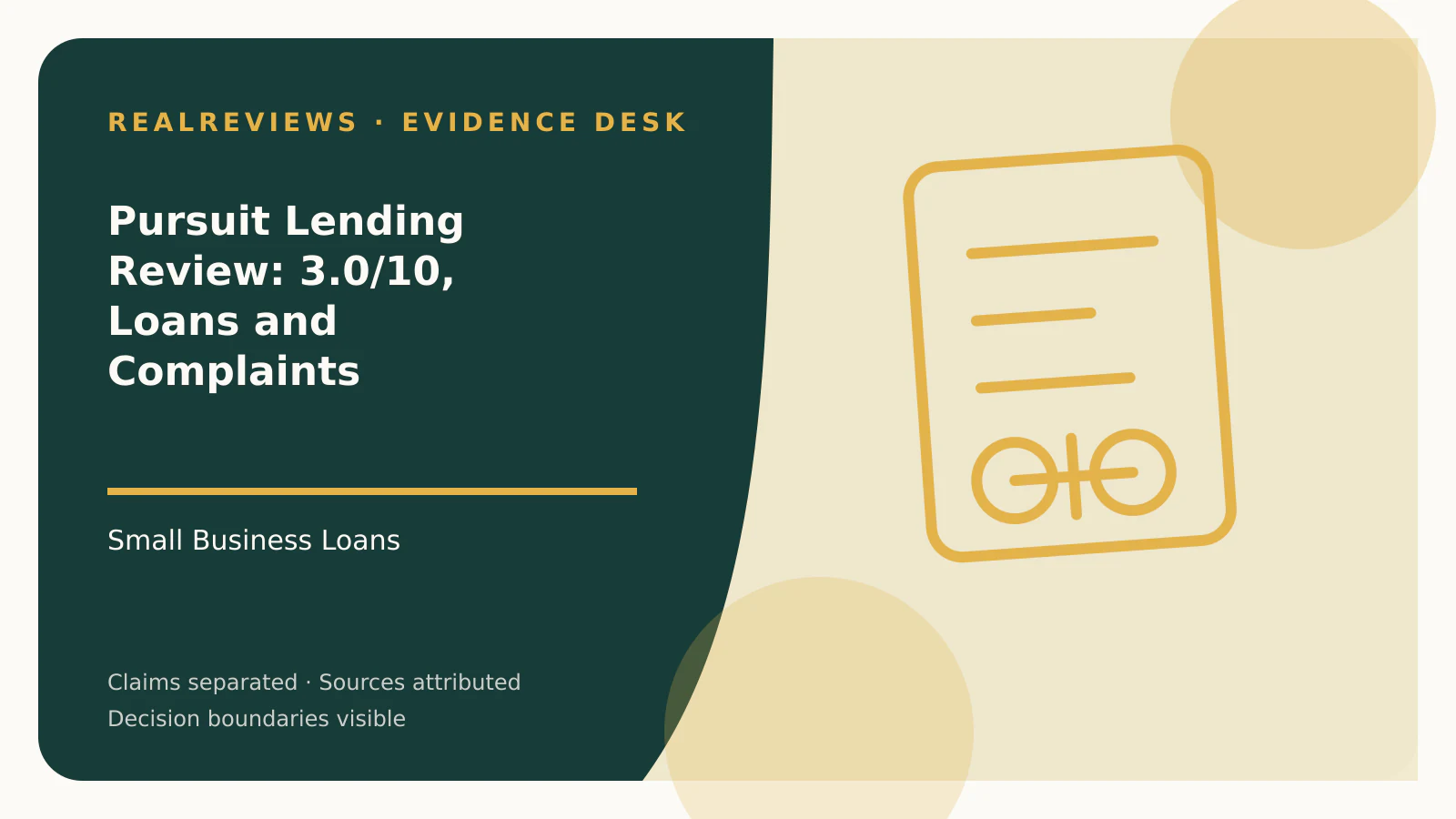 Abstract RealReviews editorial cover for Pursuit Lending Review: 3.0/10, Loans and Complaints, showing a decision ledger, funding path, and evidence checkpoints for a fact-checked buyer decision.
