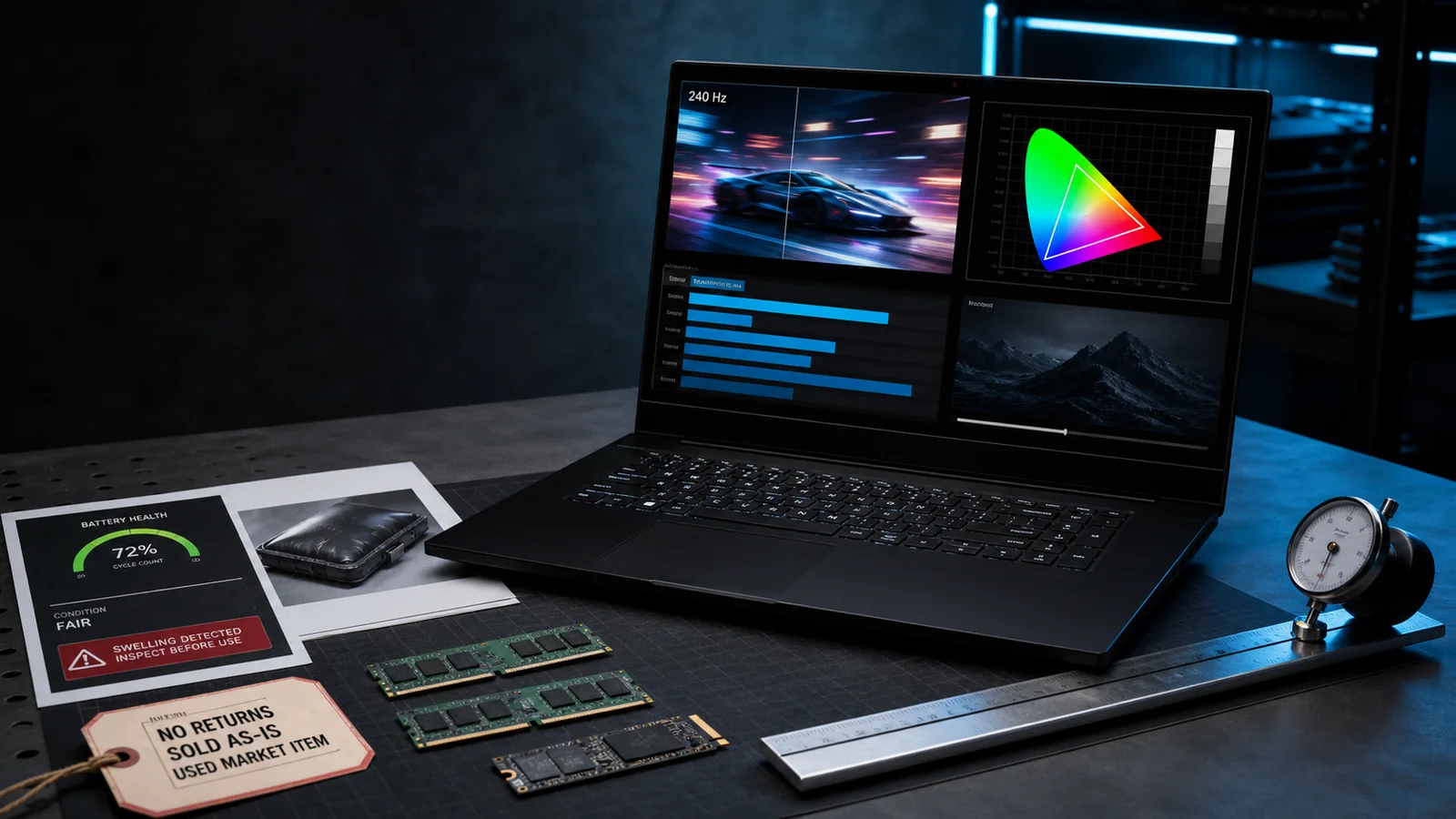 Unbranded slim black gaming laptop beside removable memory, SSD, battery-swelling check, straightedge and no-returns tag