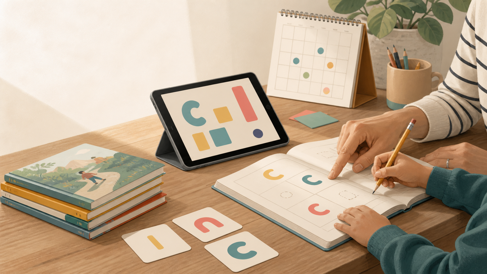 Parent and child practicing phonics at a home learning desk with letter cards, books, and an abstract tablet