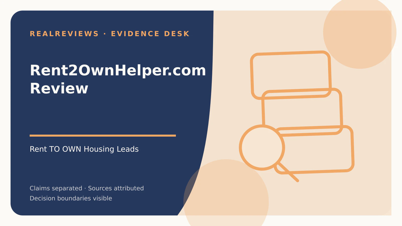 Abstract RealReviews editorial cover for Rent2OwnHelper.com Review, showing layered evidence cards, a magnifier, and a decision marker for a fact-checked buyer decision.
