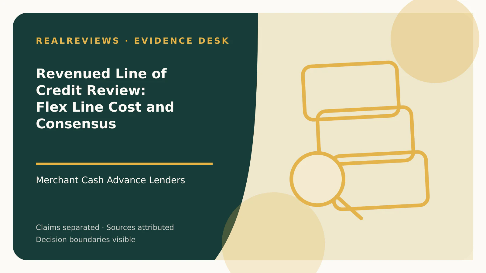 Abstract RealReviews editorial cover for Revenued Line of Credit Review: Flex Line Cost and Consensus, showing layered evidence cards, a magnifier, and a decision marker for a fact-checked buyer decision.
