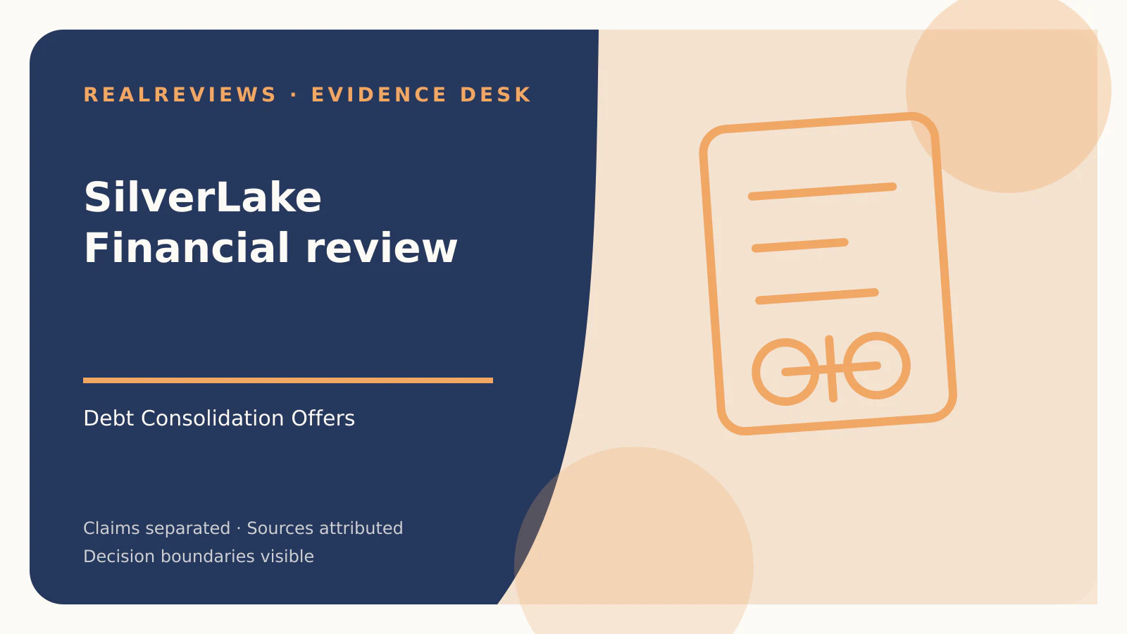 Abstract RealReviews editorial cover for SilverLake Financial review, showing a decision ledger, funding path, and evidence checkpoints for a fact-checked buyer decision.