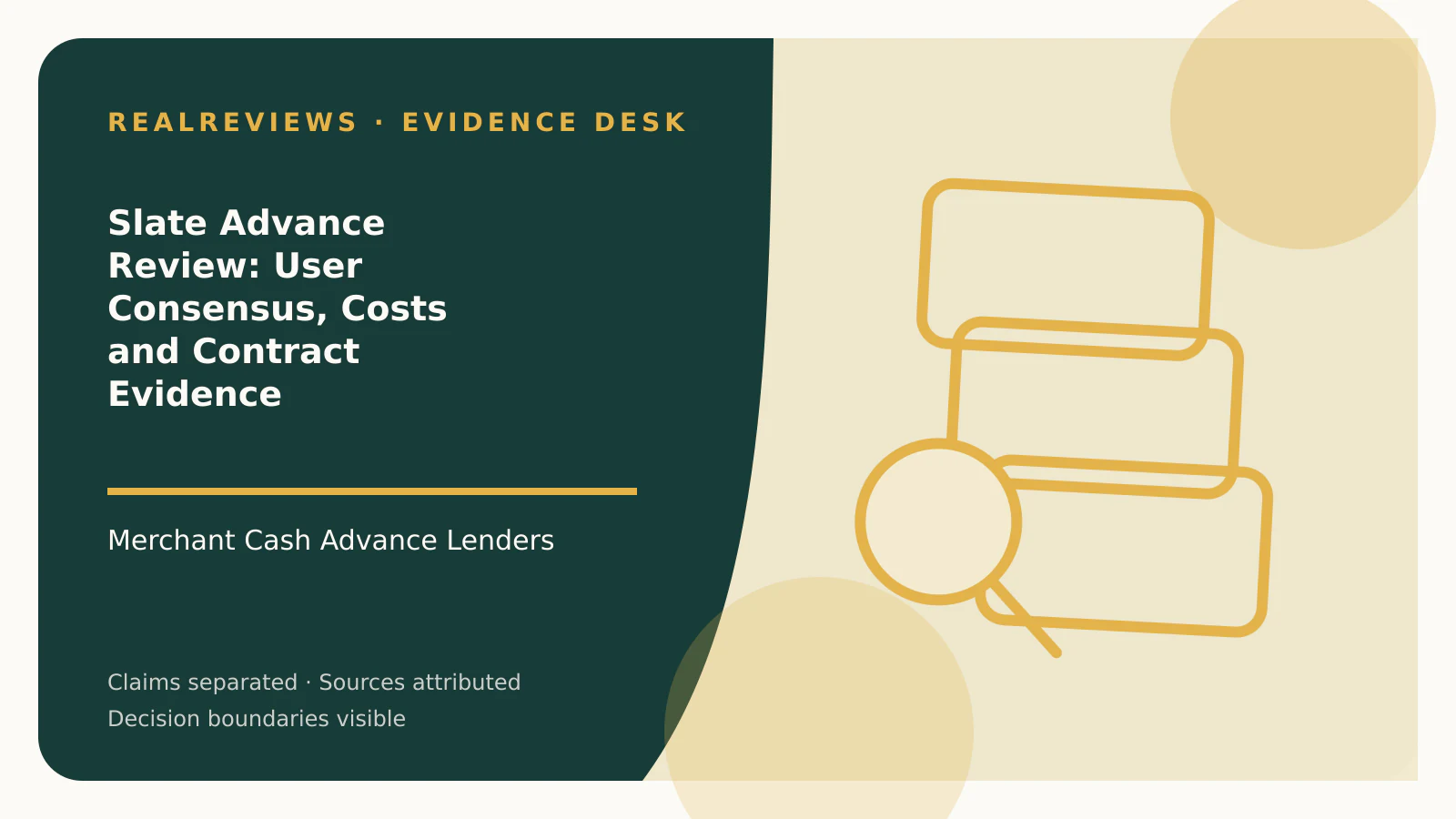 Abstract RealReviews editorial cover for Slate Advance Review: User Consensus, Costs and Contract Evidence, showing layered evidence cards, a magnifier, and a decision marker for a fact-checked buyer decision.