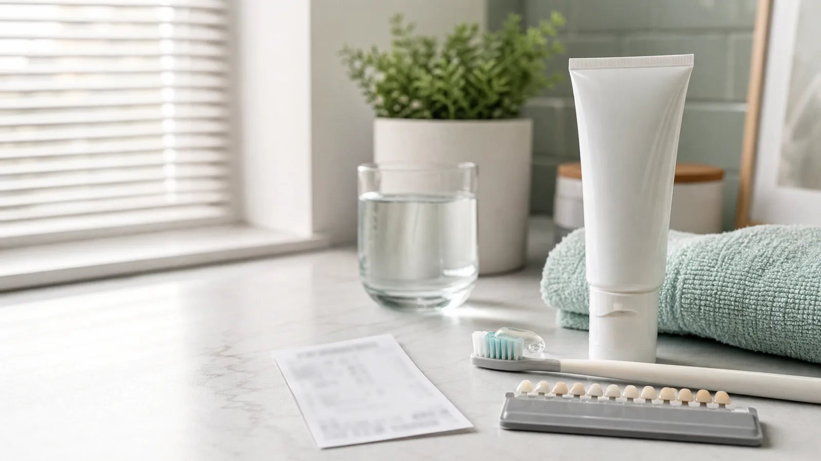 Unbranded whitening gel, toothbrush, dental shade guide, and blurred receipt on a bathroom counter
