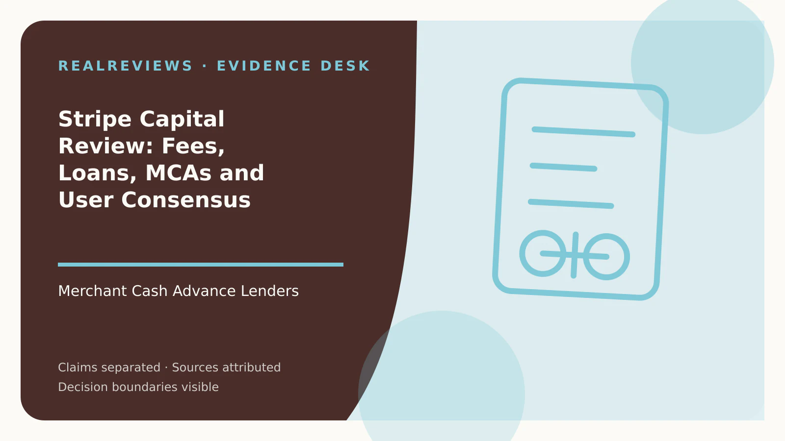 Abstract RealReviews editorial cover for Stripe Capital Review: Fees, Loans, MCAs and User Consensus, showing a decision ledger, funding path, and evidence checkpoints for a fact-checked buyer decision.