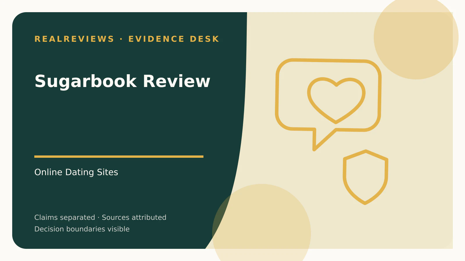 Abstract RealReviews editorial cover for Sugarbook Review, showing conversation cards, an identity shield, and privacy checkpoints for a fact-checked buyer decision.