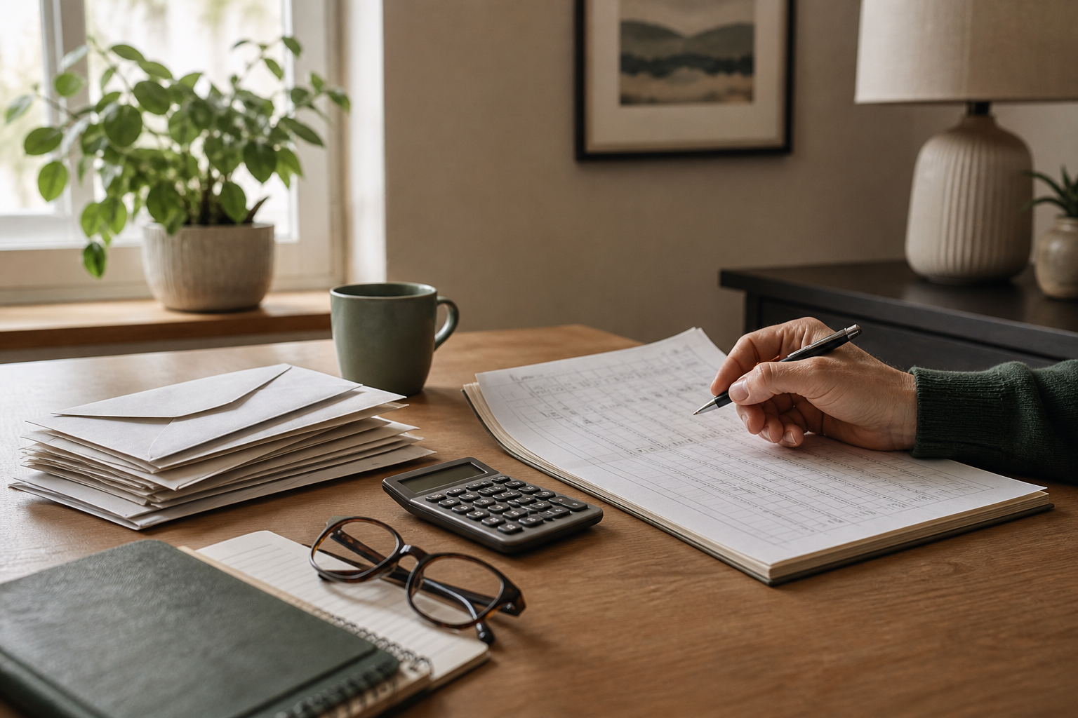 Consumer reviewing a debt budget, creditor envelopes, and calculator at a desk