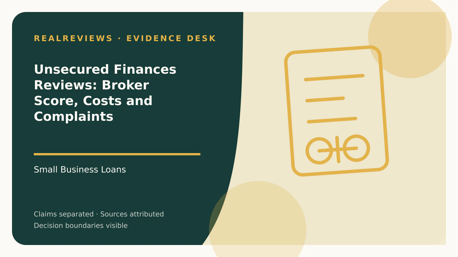 Abstract RealReviews editorial cover for Unsecured Finances Reviews: Broker Score, Costs and Complaints, showing a decision ledger, funding path, and evidence checkpoints for a fact-checked buyer decision.
