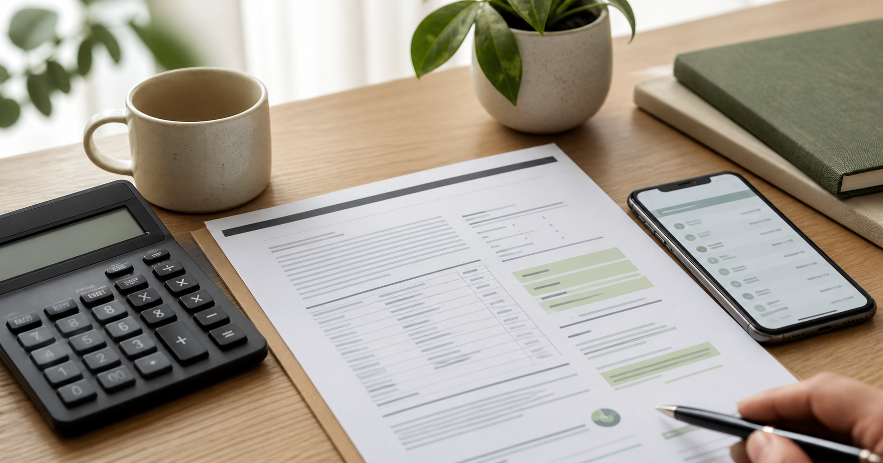 Loan agreement, calculator, and payment schedule reviewed on a desk
