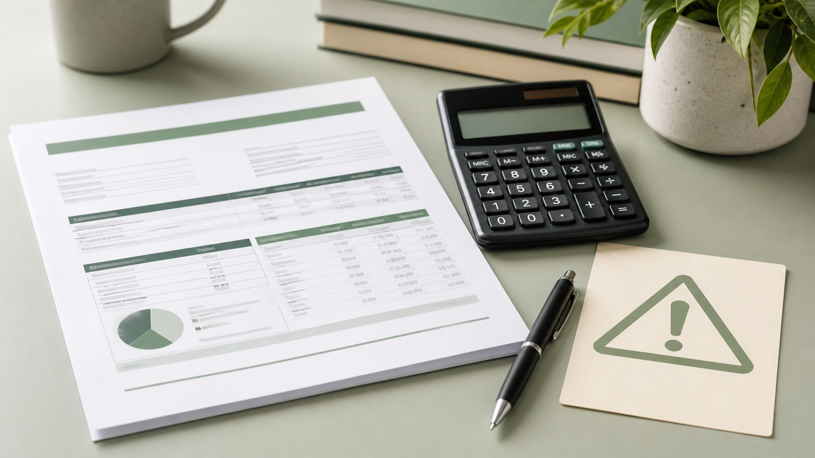 Unbranded student-loan statement, calculator, pen, and warning card on a desk