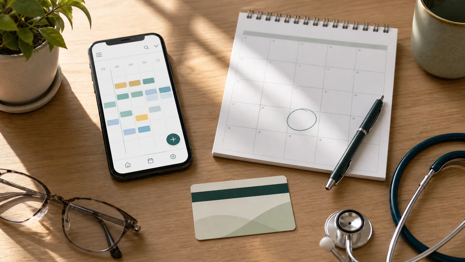 Generic doctor-booking calendar on a phone beside an unbranded insurance card and stethoscope