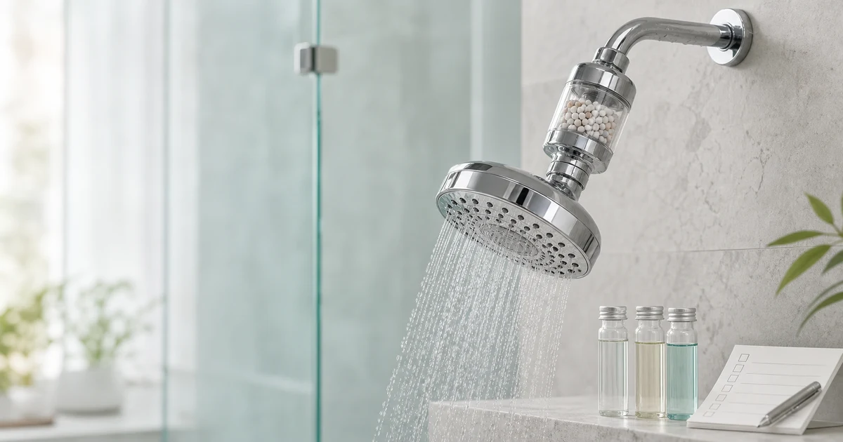 Editorial illustration of a filtered showerhead with a transparent filter chamber and water droplets