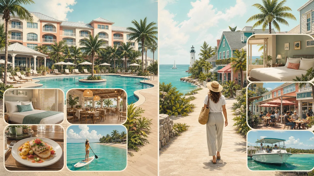 Key West resort pool and dining setup suggesting packaged vacation amenities and waterfront leisure.