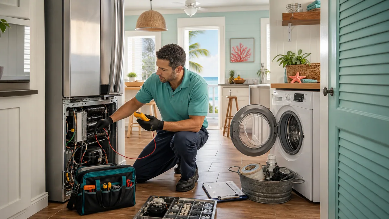 Key West appliance repair visit with tool bag, service checklist, and island home kitchen context.