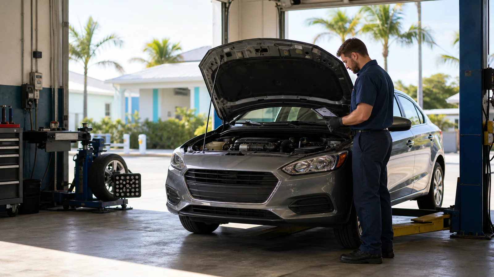 Automotive technician using diagnostic equipment in a Key West repair bay with tropical daylight.