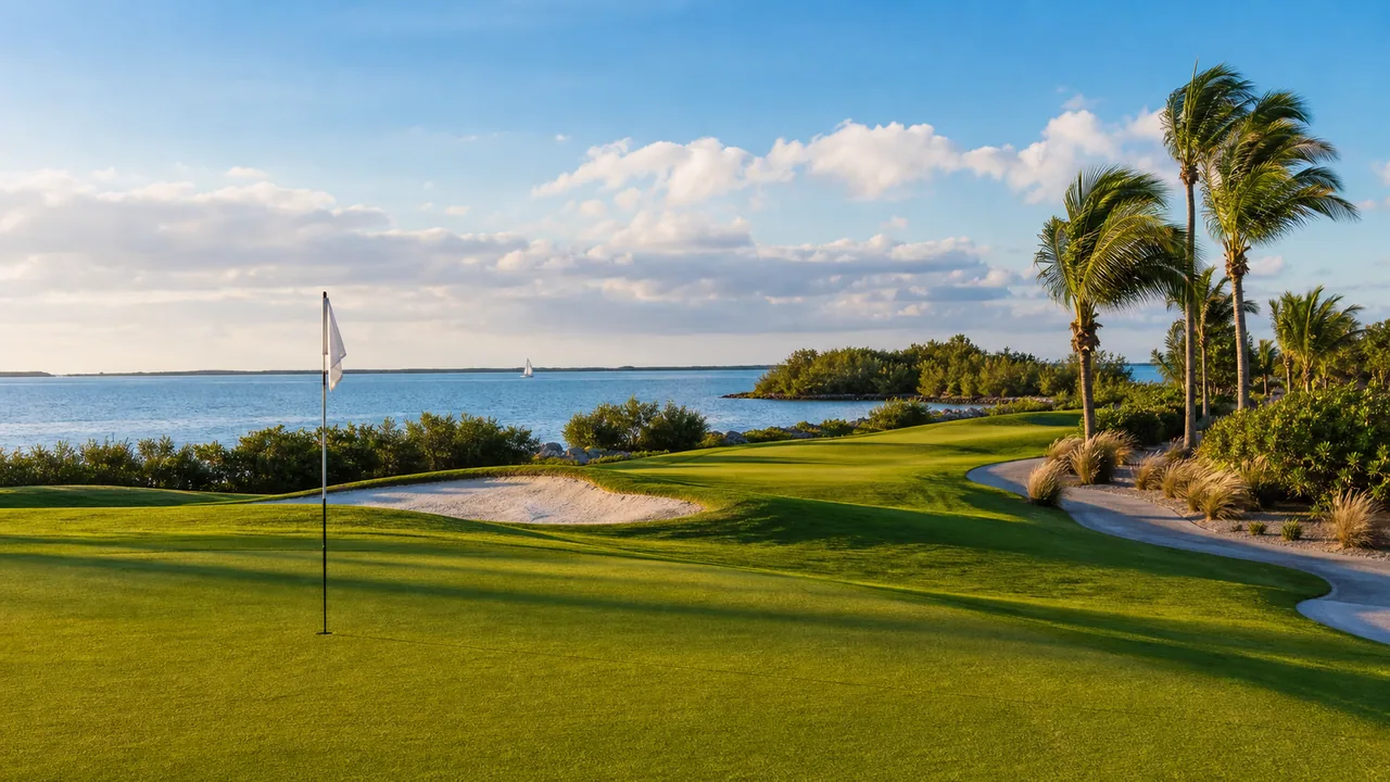 Coastal Key West golf green with flagstick, palms, cart path, and island water backdrop.