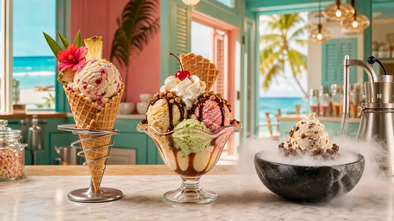 Key West ice cream counter scene with scoops, cones, and a bright island sidewalk setting.