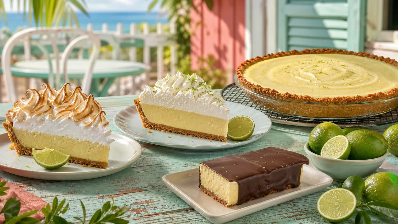 Key lime pie slice on a cafe table with bright Key West street and bakery details.