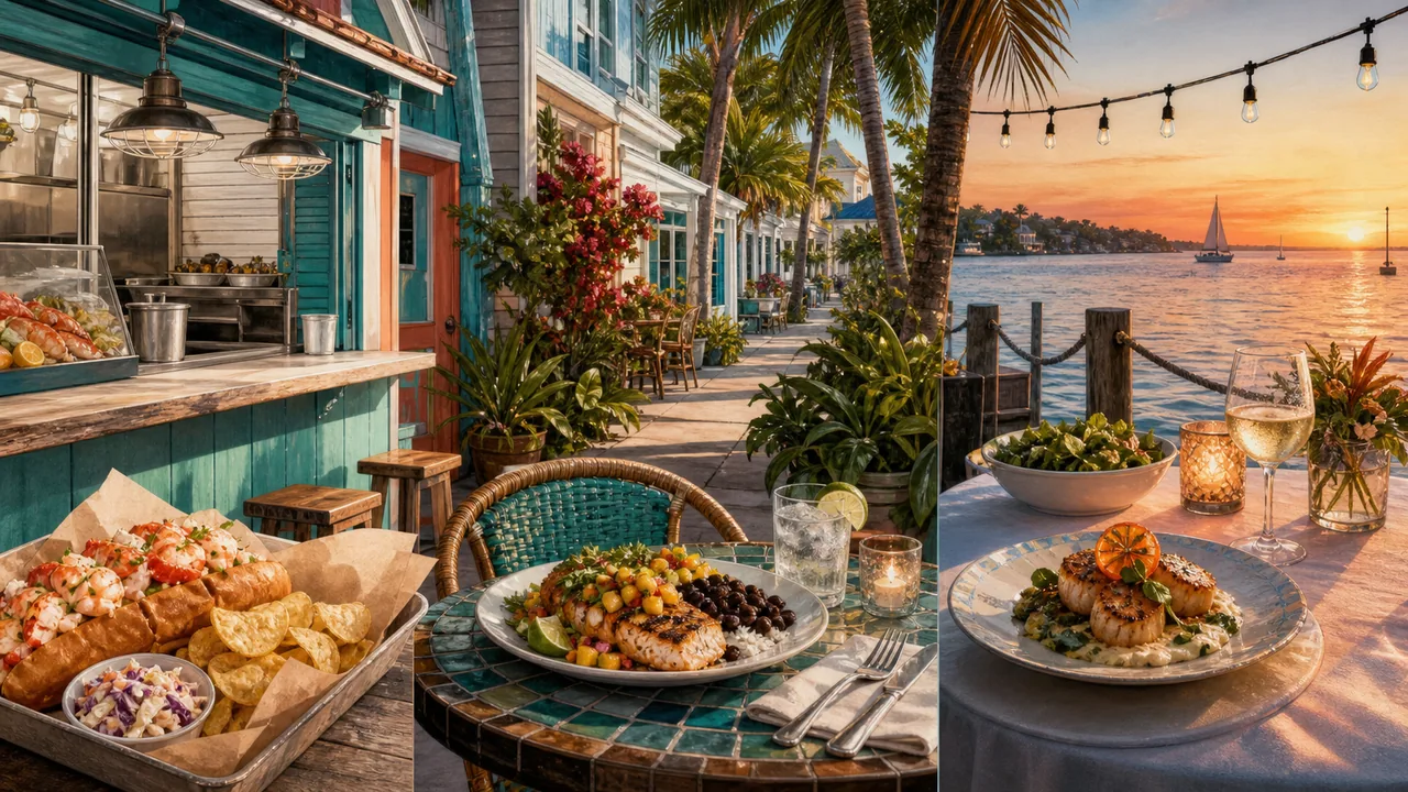 Key West restaurant table with seafood, tropical street context, and warm evening light.
