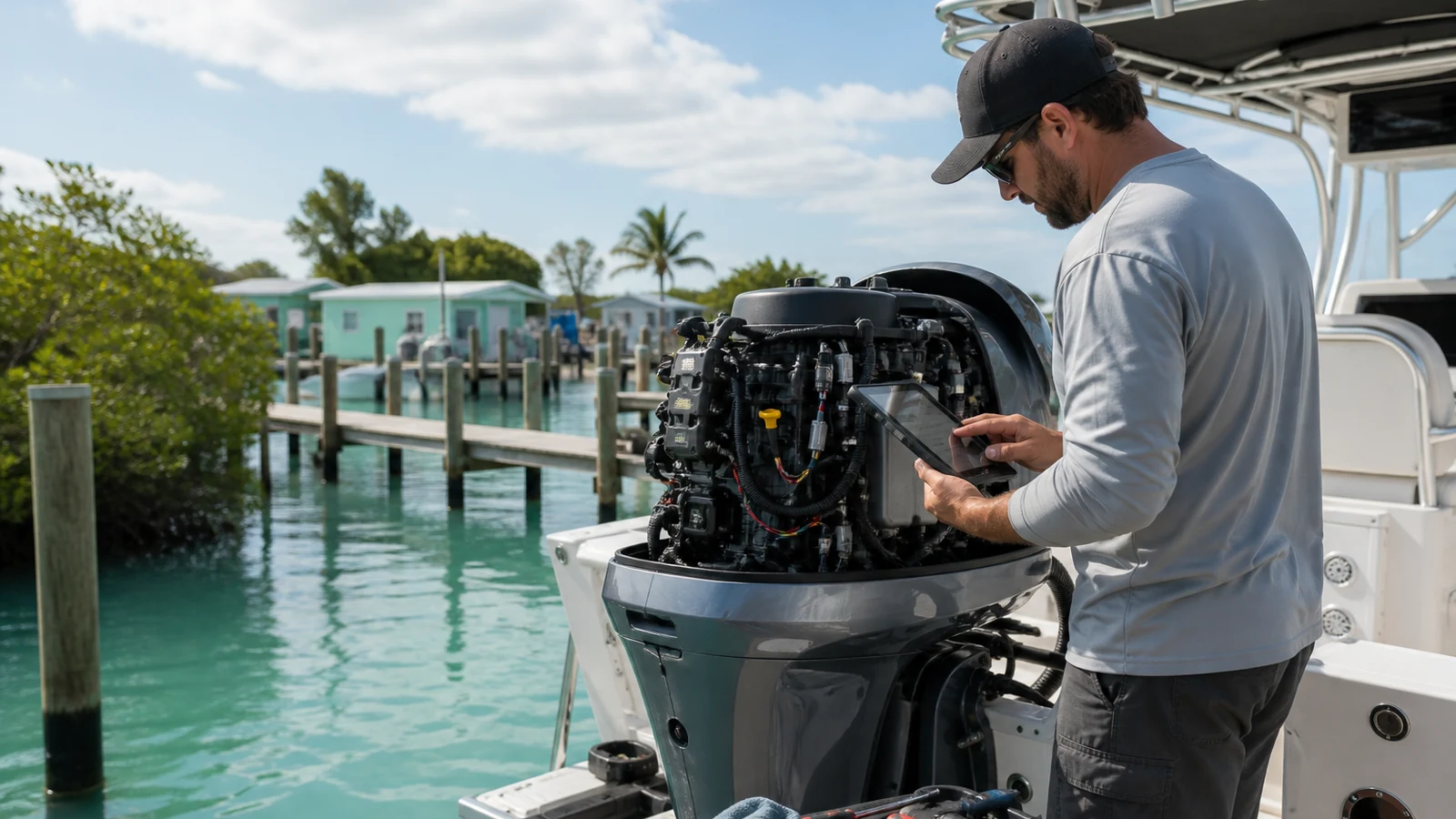 Marine technician diagnosing an open outboard engine with a tablet and tools at a Key West marina.