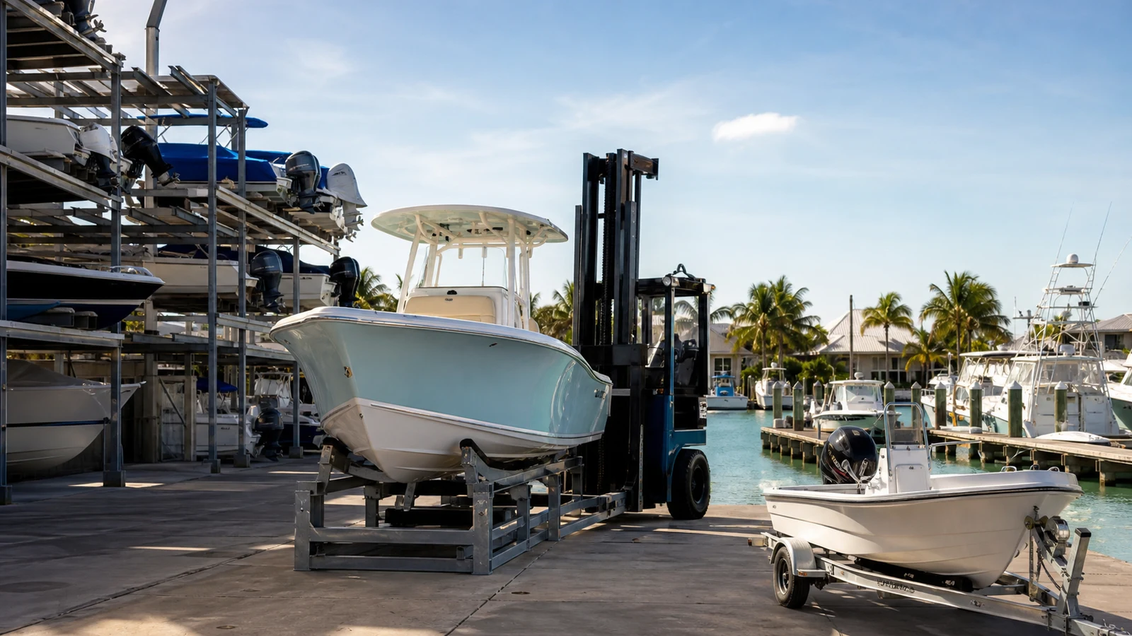 Key West marina with a center-console boat in high-and-dry storage, a trailer, forklift, and wet slips.