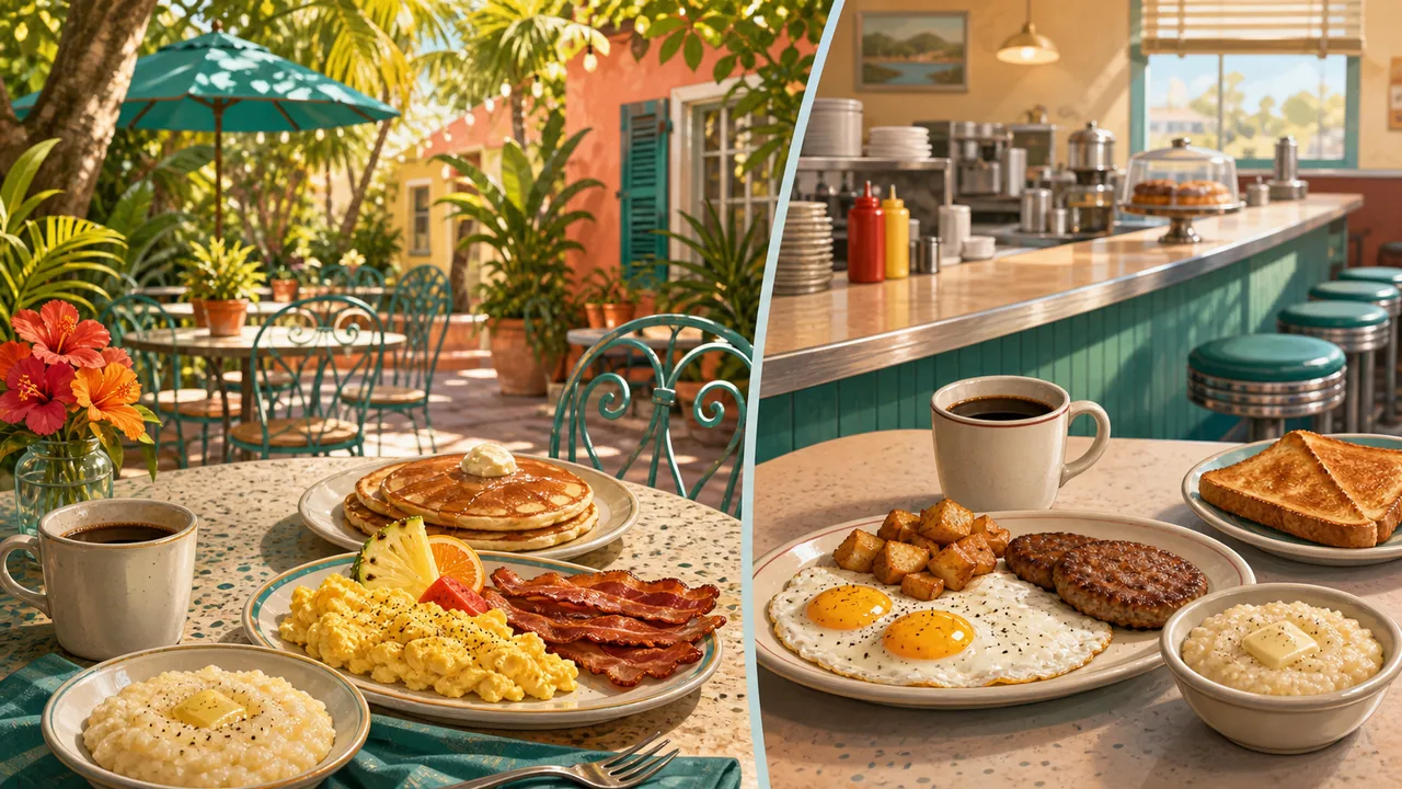 Key West breakfast patio table with coffee, tropical plants, and morning Old Town light.