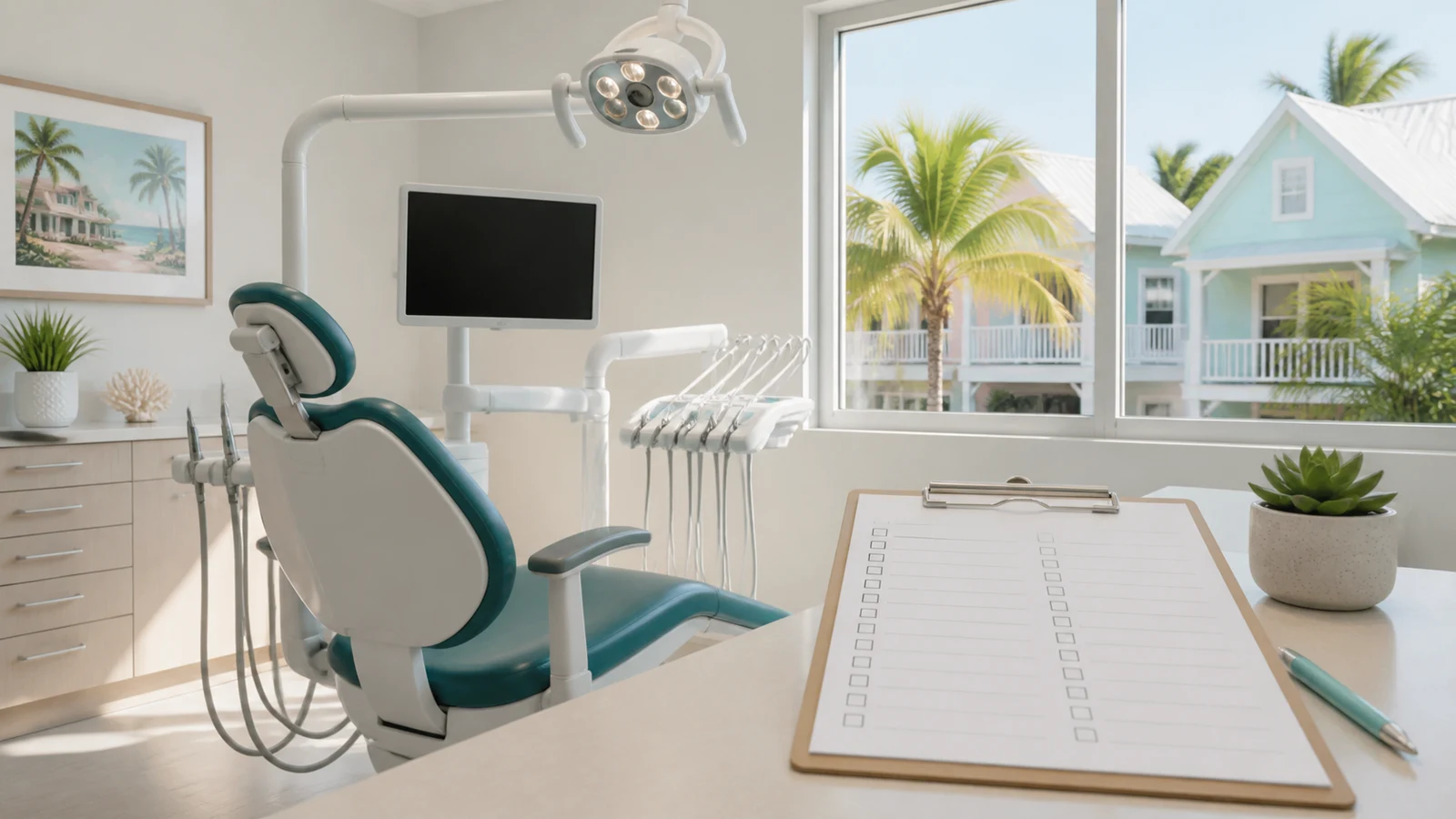 Bright Key West dental consultation room with a dental chair, blank comparison checklist, tropical palms, and pastel island architecture.