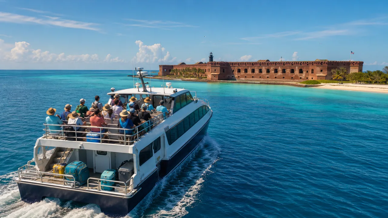 Ferry travel scene toward Dry Tortugas with luggage, turquoise water, and distant fort-island context.